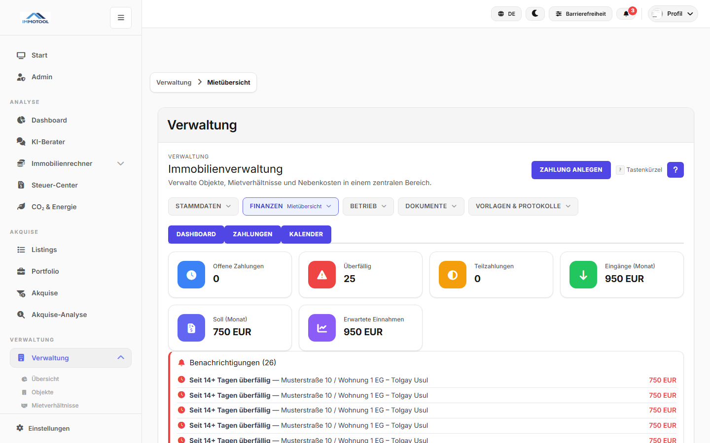 Mietübersicht Dashboard