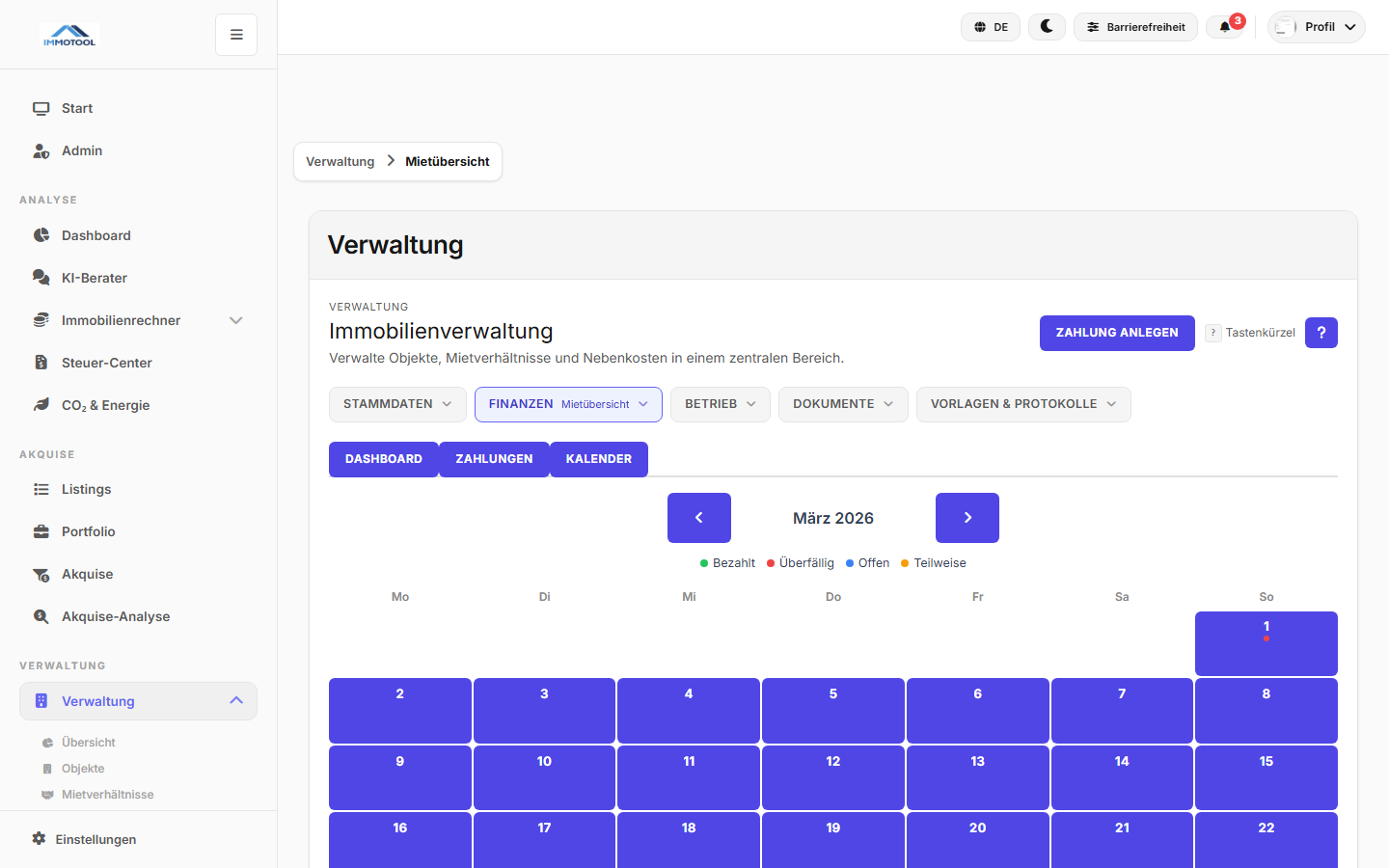 Mietübersicht Kalender