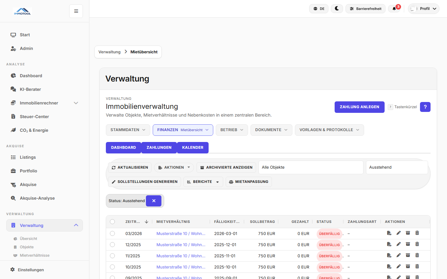 Mietübersicht und Zahlungen